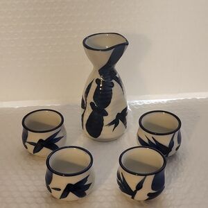 Pier 1 Blue and Cream Ceramic Sake Set with Floral Motif